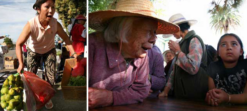 Patrons of a food pantry in Oakland.  Photos by David Bacon.