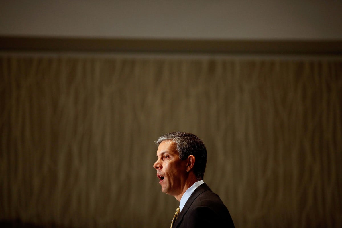 Education Secretary Arne Duncan addresses the opening session of the first federal Bullying Prevention Summit August 11, 2010 in Washington, DC.