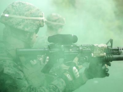 Marines navigate through a smoke bomb during nonlethal weapons training at Camp Lejeune, North Carolina, February 23, 2017.