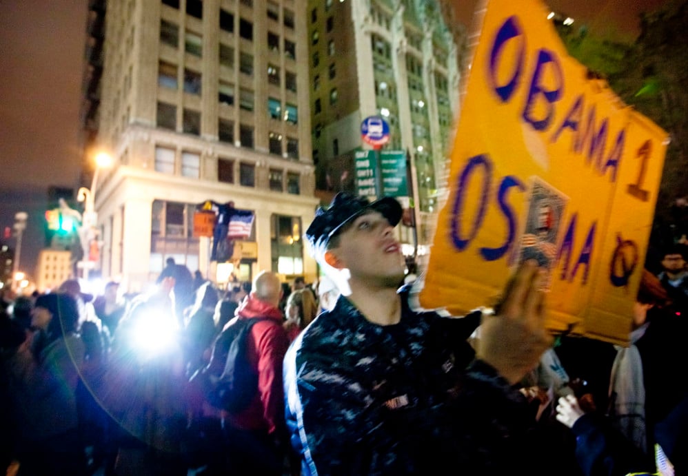 Crowds gathered at ground zero to cheer President Barack Obama's announcement that Osama bin Laden is dead, May 2, 2011.