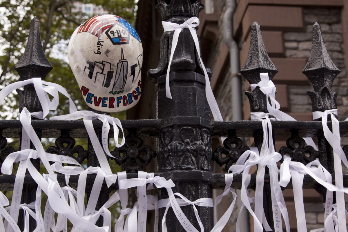 A construction helmet is shown on the iron fence at St Paul's Chapel near Ground Zero on September 11, 2011, in New York.