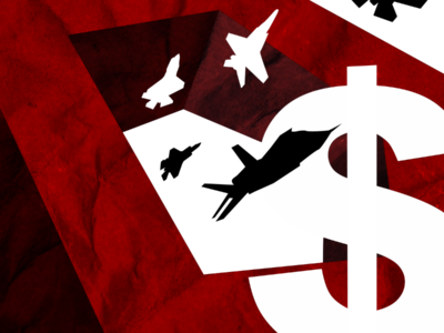Illustration of jets flying through red pentagon with dollar sign cut-out