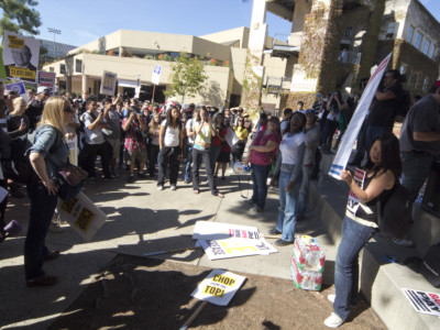 Hundreds of students and workers rally at UCLA on November 9, 2011 in Los Angeles. Refund California organized the event as part of the Occupy Wall Street movement.