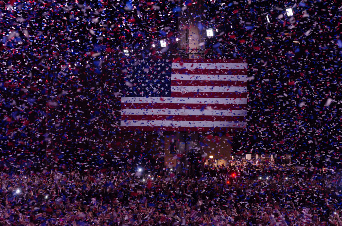 Confetti falls during President Obama's election night rally at McCormick Place, November 7, 2012.