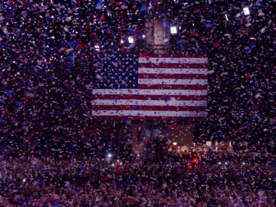 Confetti falls during President Obama's election night rally at McCormick Place, November 7, 2012.