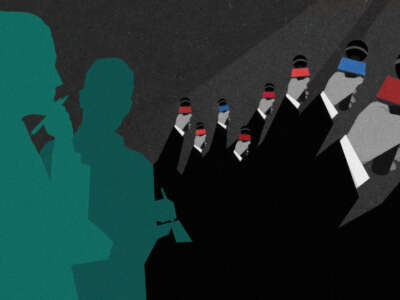 Illustration of journalist silhouttes observing an array of corporate arms holding blue and red microphones