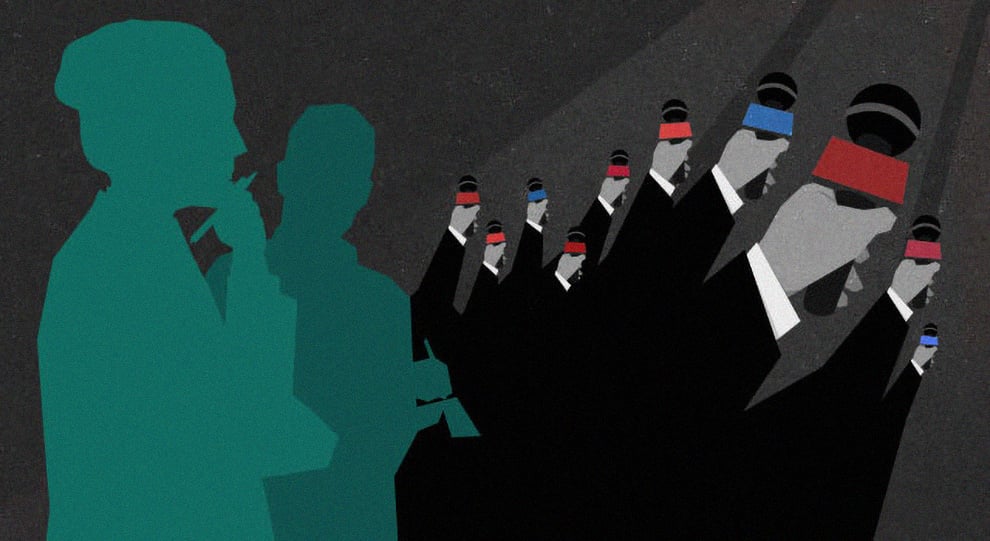 Illustration of journalist silhouttes observing an array of corporate arms holding blue and red microphones