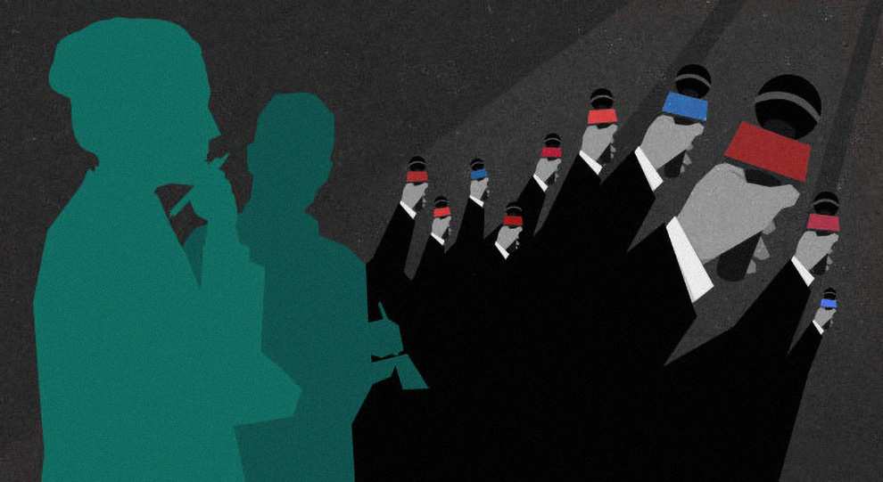 Illustration of journalist silhouttes observing an array of corporate arms holding blue and red microphones