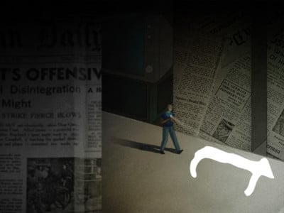 Illustration of person navigating dark newspaper landscape and shining a light that forms the Truthout logo