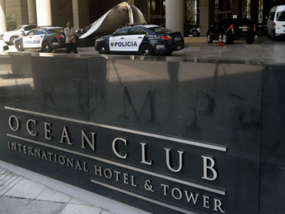 View of the hotel sign after the Trump letters were removed from outside the hotel in Panama City on March 5, 2018.