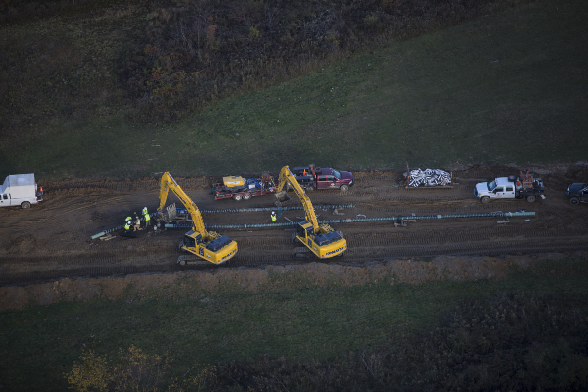 An aerial view shows a natural gas liquids pipeline under construction October 26, 2017, in Smith Township, Washington County, Pennsylvania.
