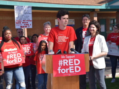 Noah Karvelis speaks during a press conference in the run-up to today's teacher walkout in Phoenix, Arizona, on April 25, 2018.