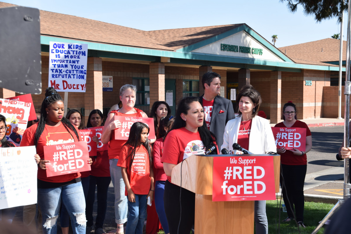 Leaders of Arizona Educators United and the Arizona Education Association hold a press conference in the run-up to today's walkout in Phoenix, Arizona, April 25, 2018.