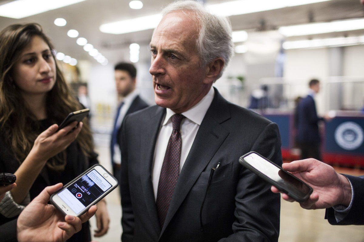 Sen. Bob Corker speaks to reporters following a vote on Capitol Hill on January 11, 2018, in Washington, DC.