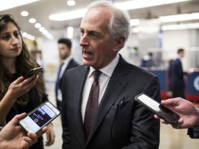 Sen. Bob Corker speaks to reporters following a vote on Capitol Hill on January 11, 2018, in Washington, DC.