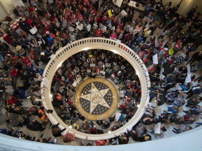Teachers continue their strike at the state capitol on April 9, 2018, in Oklahoma City, Oklahoma.