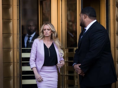 Adult film actress Stormy Daniels exits the United States District Court Southern District of New York for a hearing related to Michael Cohen, President Trump's longtime personal attorney and confidante, April 16, 2018, in New York City.