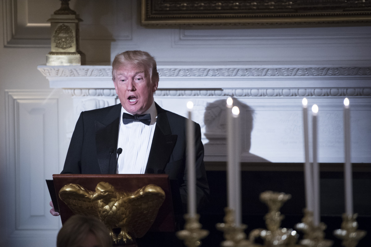 Donald J. Trump speaks during a State Dinner for French President Emmanuel Macron and his wife Brigitte Macron at the White House on April 24, 2018, in Washington, DC.