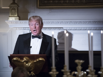 Donald J. Trump speaks during a State Dinner for French President Emmanuel Macron and his wife Brigitte Macron at the White House on April 24, 2018, in Washington, DC.