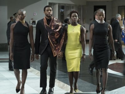 Florence Kasumba, Chadwick Boseman, Danai Gurira, and Lupita Nyong'o in Black Panther. (Photo: Disney / Marvel Studios)