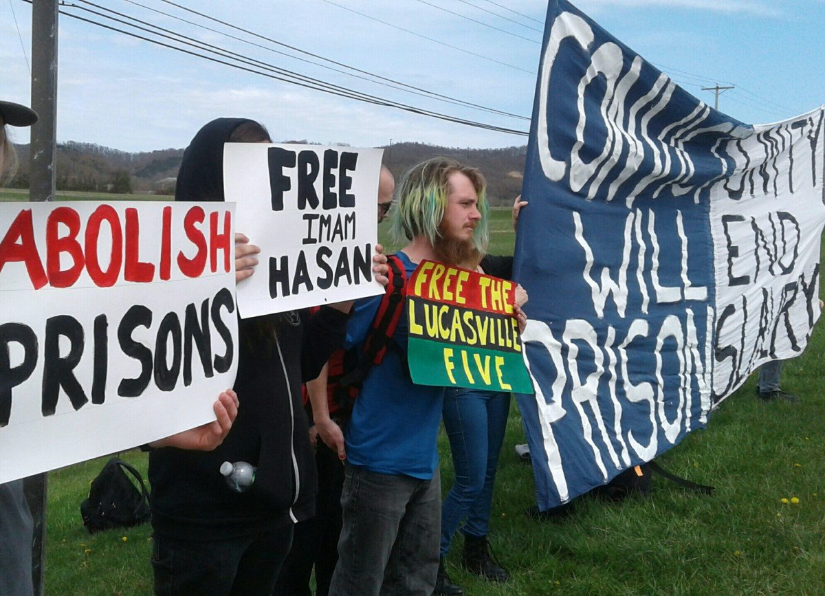 Activists with the Incarcerated Workers' Organizing Committee (IWOC) demonstrate in solidarity on the 25th anniversary of the Lucasville Uprising outside Southern Ohio Correctional Facility in Lucasville, Ohio, on April 21, 2018.