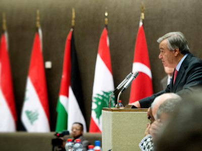 UN Secretary General António Guterres speaks at the 64th executive committee meeting of the United Nations High Commissioner for Refugees on September 30, 2013, in Geneva, Switzerland.