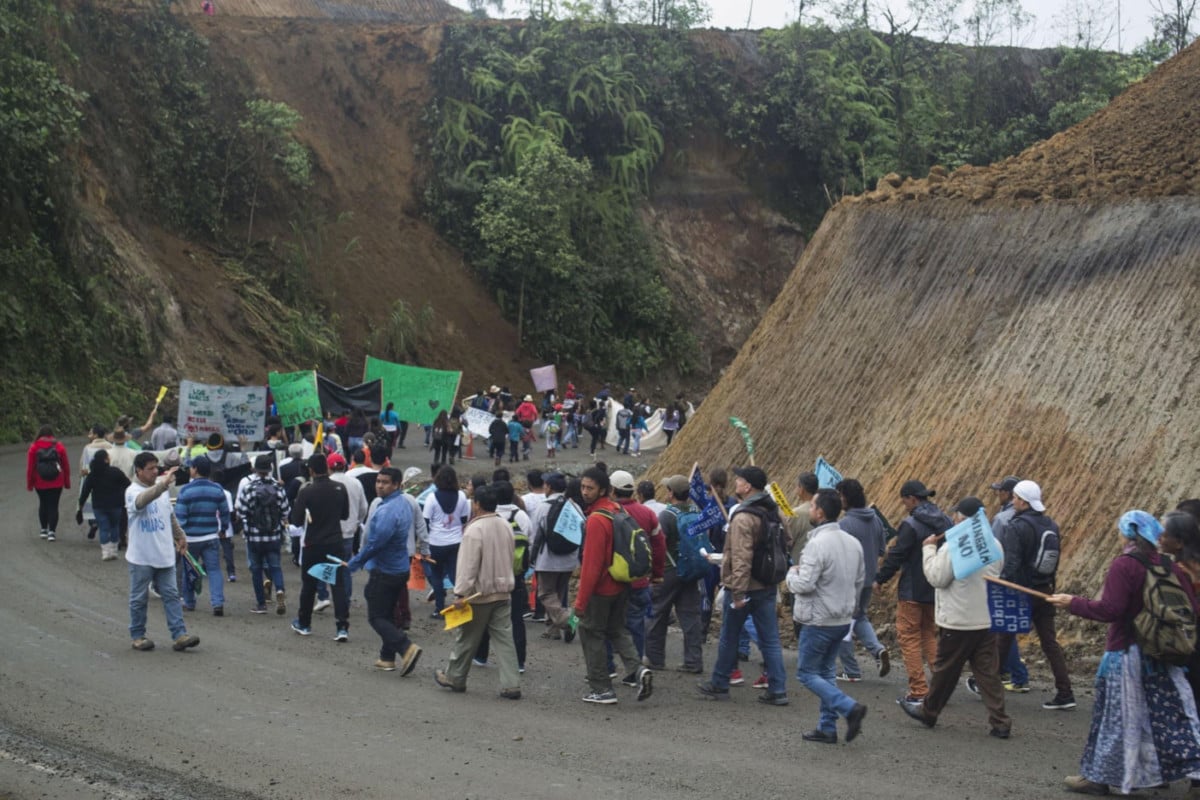 Protesters march against mining on March 22, 2018, near Mindo, Ecuador.