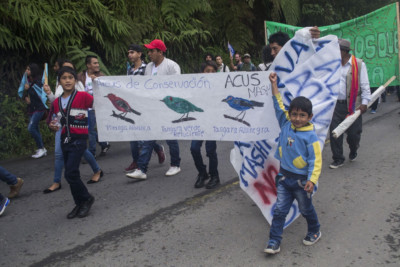 Two local boys show a banner depicting their favorite birds on a march against mining on March 22, 2018, near Mindo, Ecuador.