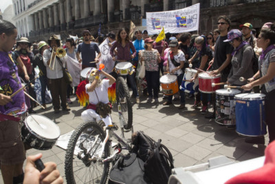 Protesters gathered outside the president's palace to deliver a petition to end mining in Ecuador on March 22, 2018, near Mindo, Ecuador.