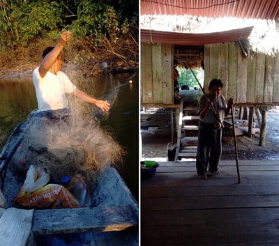 Left: A community member fishing. Right: Benjamín Cariajano at home with his hunting equipment.