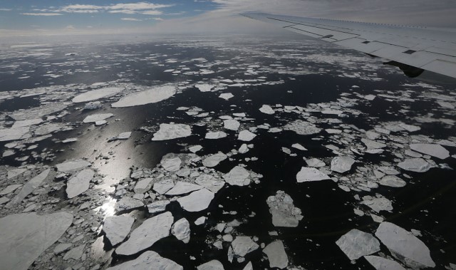 Sea ice floats near the coast of West Antarctica as seen from a window of a NASA Operation IceBridge airplane on October 27, 2016, in-flight over Antarctica.