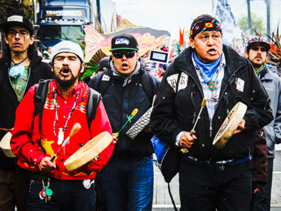 Native American activists march during the May Day protest in Seattle, Washington, May 1, 2017.