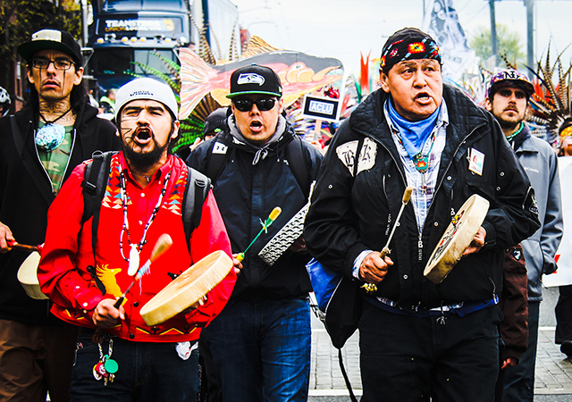 Native American activists march during the May Day protest in Seattle, Washington, May 1, 2017.