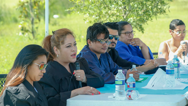 People harmed by the detention and deportation systems hold Immigration and Customs Enforcement, CoreCivic and Williamson County officials to account during a mock tribunal at the T. Don Hutto immigrant detention jail in Taylor, Texas, May 5, 2018.