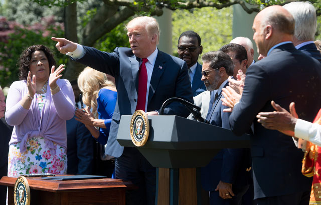 President Trump speaks at the National Day of Prayer ceremony in the Rose Garden of the White House in Washington, DC, May 3, 2018.