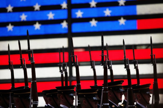 Members of the U.S. Army Drill Team perform in Times Square in New York City in honor of the Army's 240th birthday on June 12, 2015 in New York City.