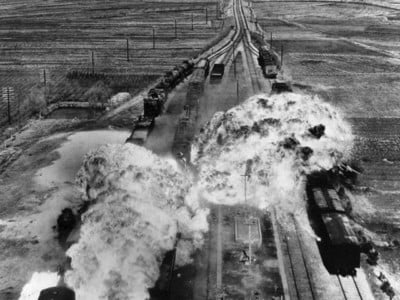 US armed forces target rail cars south of Wonsan, North Korea, an east coast port city, in 1950 during the Korean War.