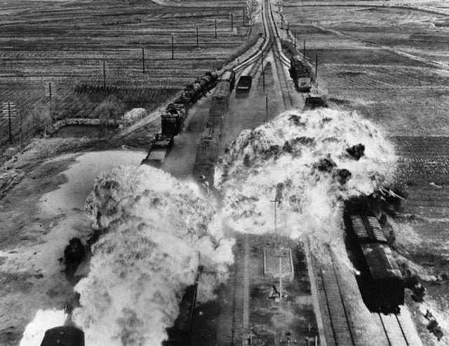 US armed forces target rail cars south of Wonsan, North Korea, an east coast port city, in 1950 during the Korean War.