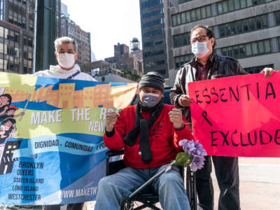 Participants of a hunger strike, advocates and local politicians attend an excluded workers rally on 3rd avenue in front of Governor's office in New York City on April 4, 2021.