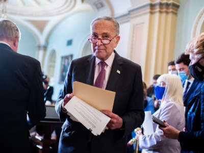 Senate Majority Leader Charles Schumer conducts a news conference after the Senate Democrats Policy luncheon in the U.S. Capitol on September 28, 2021.