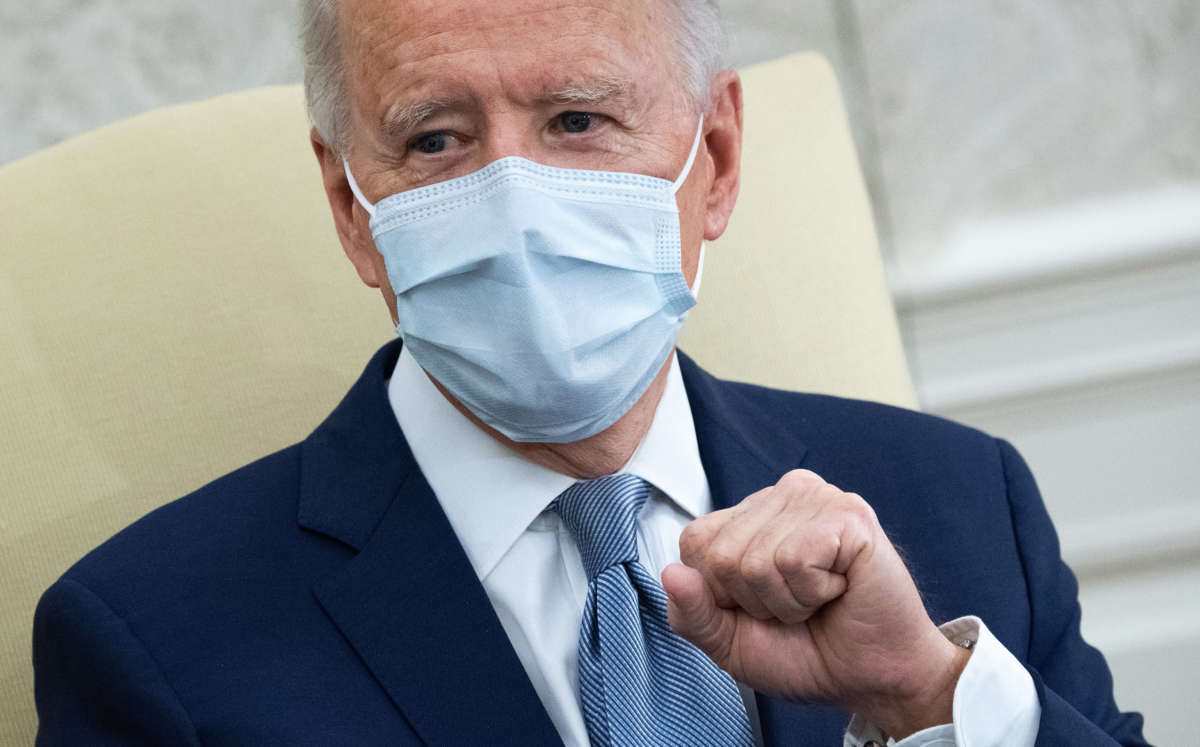 President Joe Biden meets with Republican Senators to discuss a coronavirus relief plan at the Oval office of the White House in Washington, D.C., on February 1, 2021.