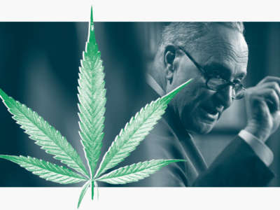 Senate Majority Leader Chuck Schumer and a marijuana leaf