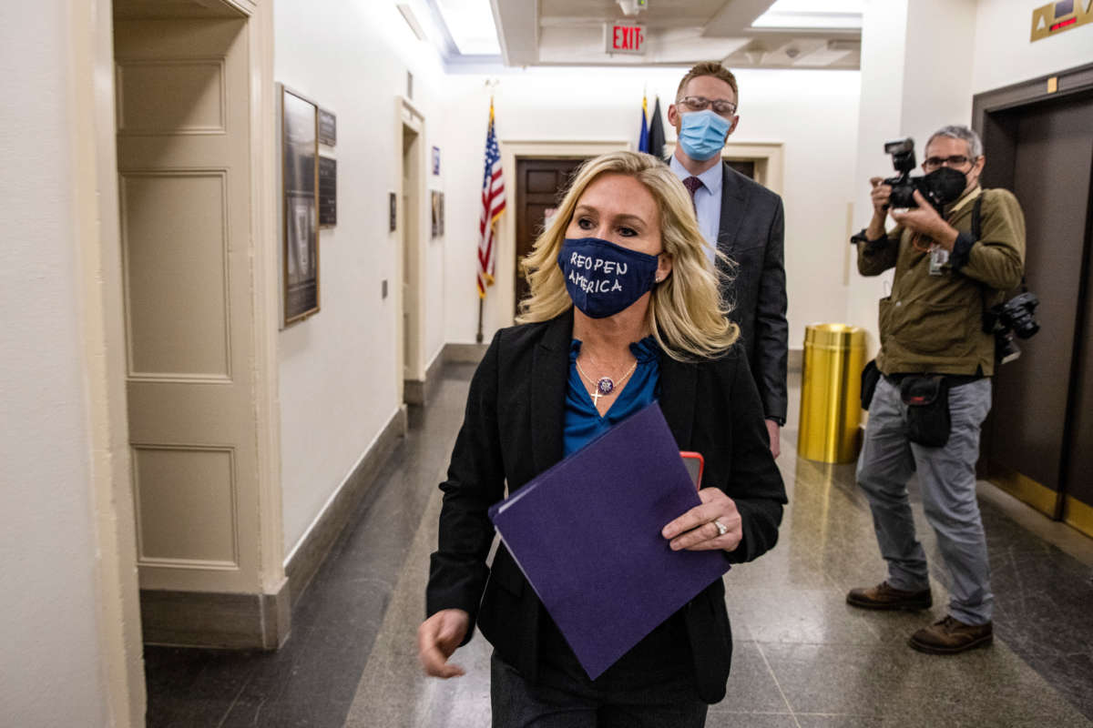 Rep. Marjorie Taylor Greene leaves her office at the U.S. Capitol on February 3, 2021, in Washington, D.C.