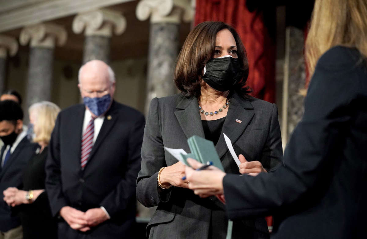 Vice President Kamala Harris is seen during a ceremonial swearing-in photo op for Sen. Patrick Leahy on February 4, 2021, in the Old Senate Chamber at the U.S. Capitol in Washington, D.C.