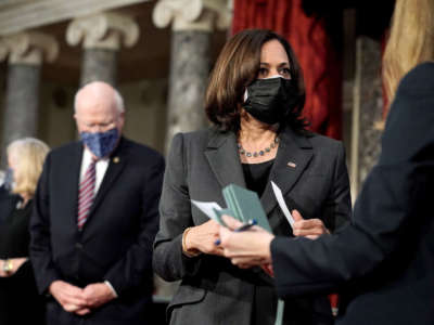 Vice President Kamala Harris is seen during a ceremonial swearing-in photo op for Sen. Patrick Leahy on February 4, 2021, in the Old Senate Chamber at the U.S. Capitol in Washington, D.C.