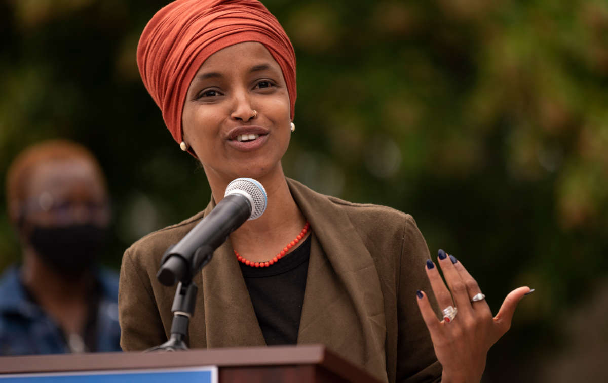 Rep. Ilhan Omar speaks during a press conference on August 5, 2020, in St Paul, Minnesota.