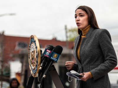 Rep. Alexandria Ocasio Cortez speaks at a press conference at Corona Plaza in Queens on April 14, 2020, in New York City.