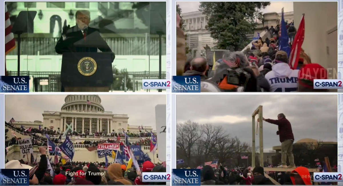 Screenshots from a video montage aired during the impeachment trial at Capitol Hill, Washinton D.C., on February 9, 2021.