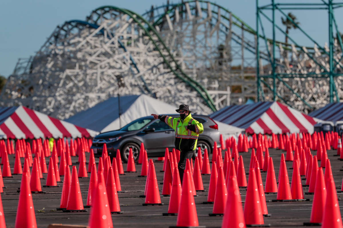 Traffic is light as COVID-19 vaccines are given at Six Flags Magic Mountain on February 4, 2020, in Valencia, California.