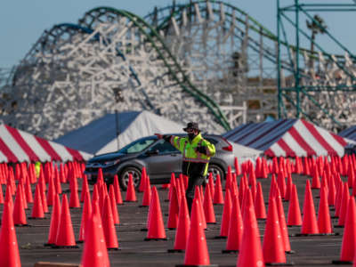 Traffic is light as COVID-19 vaccines are given at Six Flags Magic Mountain on February 4, 2020, in Valencia, California.